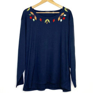 Vintage Crystal Kobe Black Embellished Fall Leaves Tee Long Sleeve Plus Size 2X